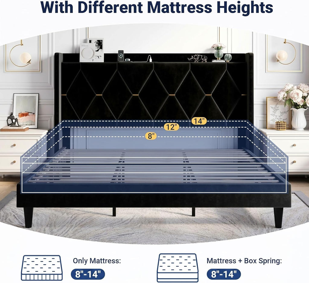 Allewie Velvet King Size Upholstered Bed Frame with Wingback Storage Headboard & Charging Station, Platform Bed with Diamond Tufted Design & Gold Trim, No Box Spring Needed, Easy Assembly, Black