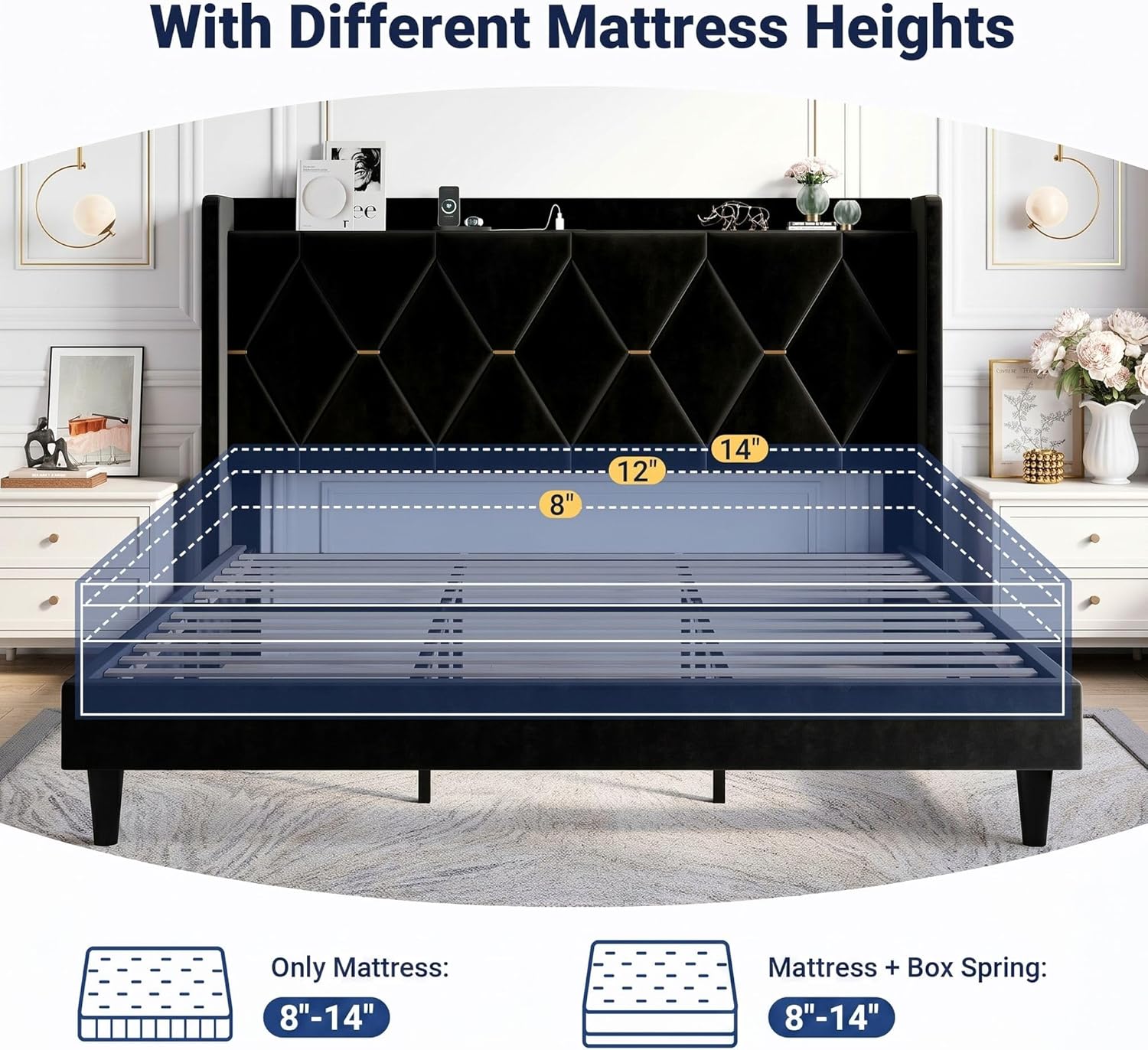 Allewie Velvet King Size Upholstered Bed Frame with Wingback Storage Headboard & Charging Station, Platform Bed with Diamond Tufted Design & Gold Trim, No Box Spring Needed, Easy Assembly, Black