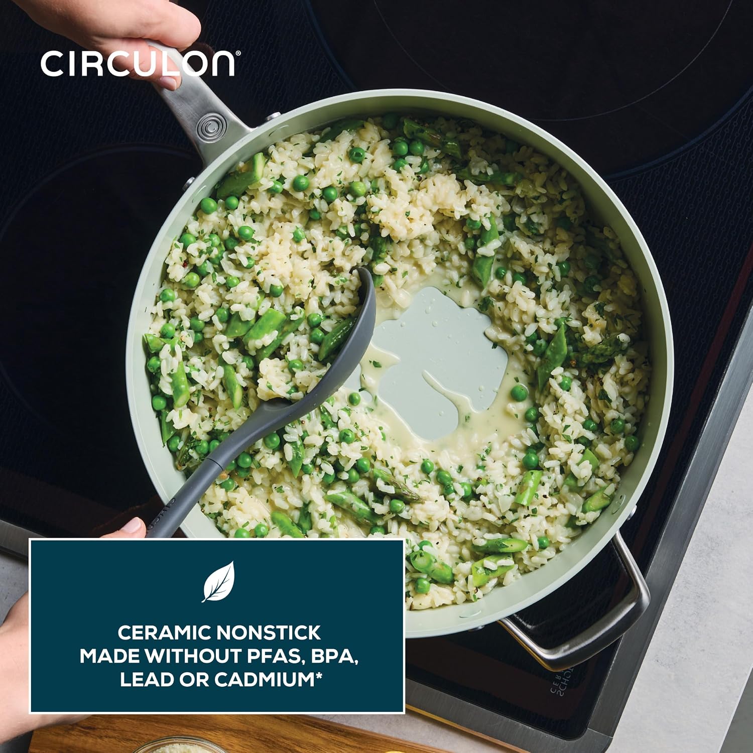Circulon Halo with LaserDefense Ceramic Nonstick Saute Pan, Helper Handle and Lid, Made without PFAS, Compatible with All Stovetops, Dishwasher & Oven Safe, 5 Quart Multipurpose Nonstick Pan, Sage