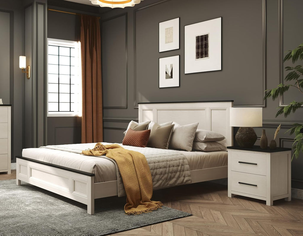 Roundhill Furniture Realynn 5-Piece Wood Bedroom Set, King Size Panel Bed with Dresser, Mirror, and 2 Nightstands, Off-White Finish