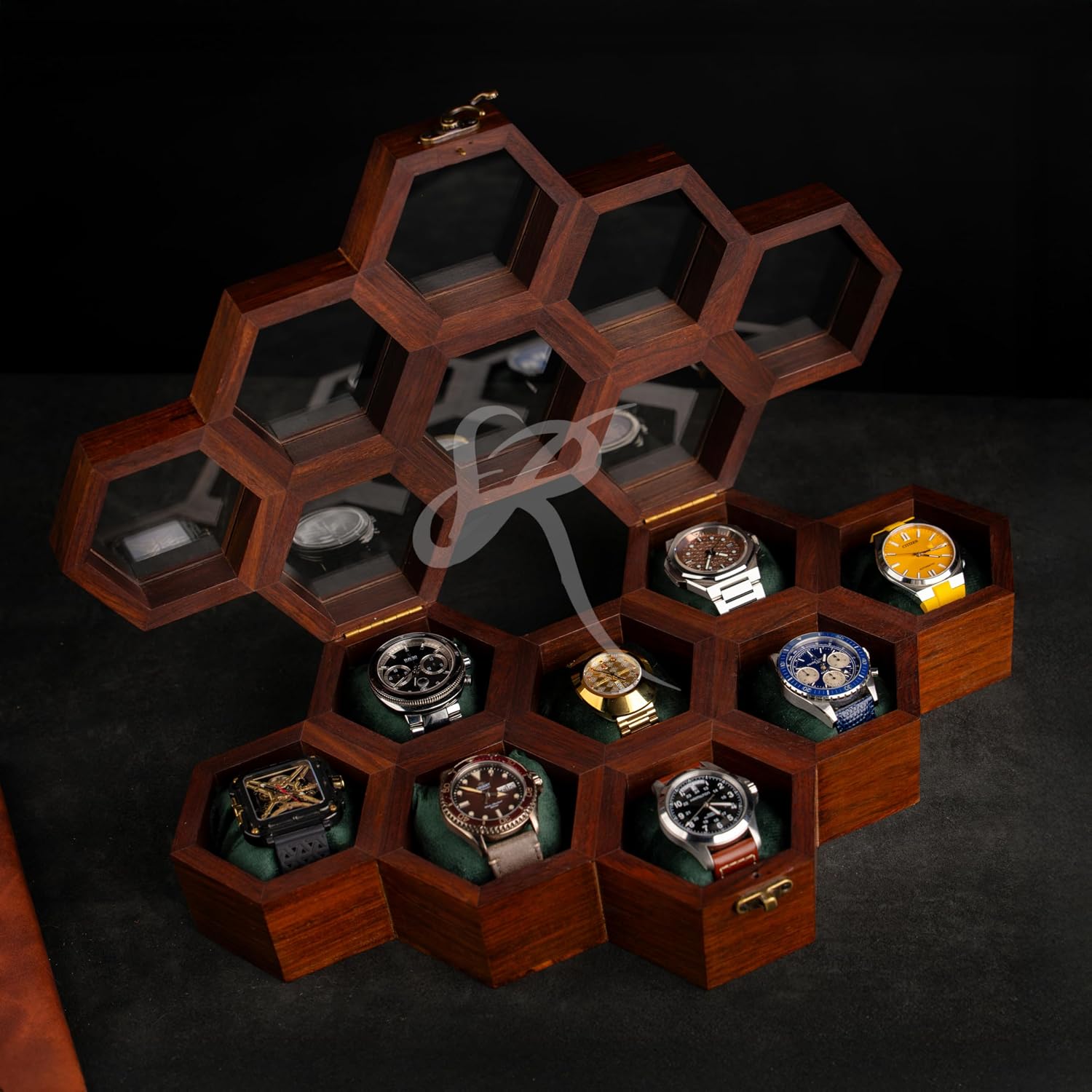 Watch Box for Men, Eight Slot Watch Display Case Mens Watch Box Organizer, Dark Rosewood Watch Case for Mens Valentines Gift Watch Case for precious timepiece with Glass Lid, Luxury Watch Organzer