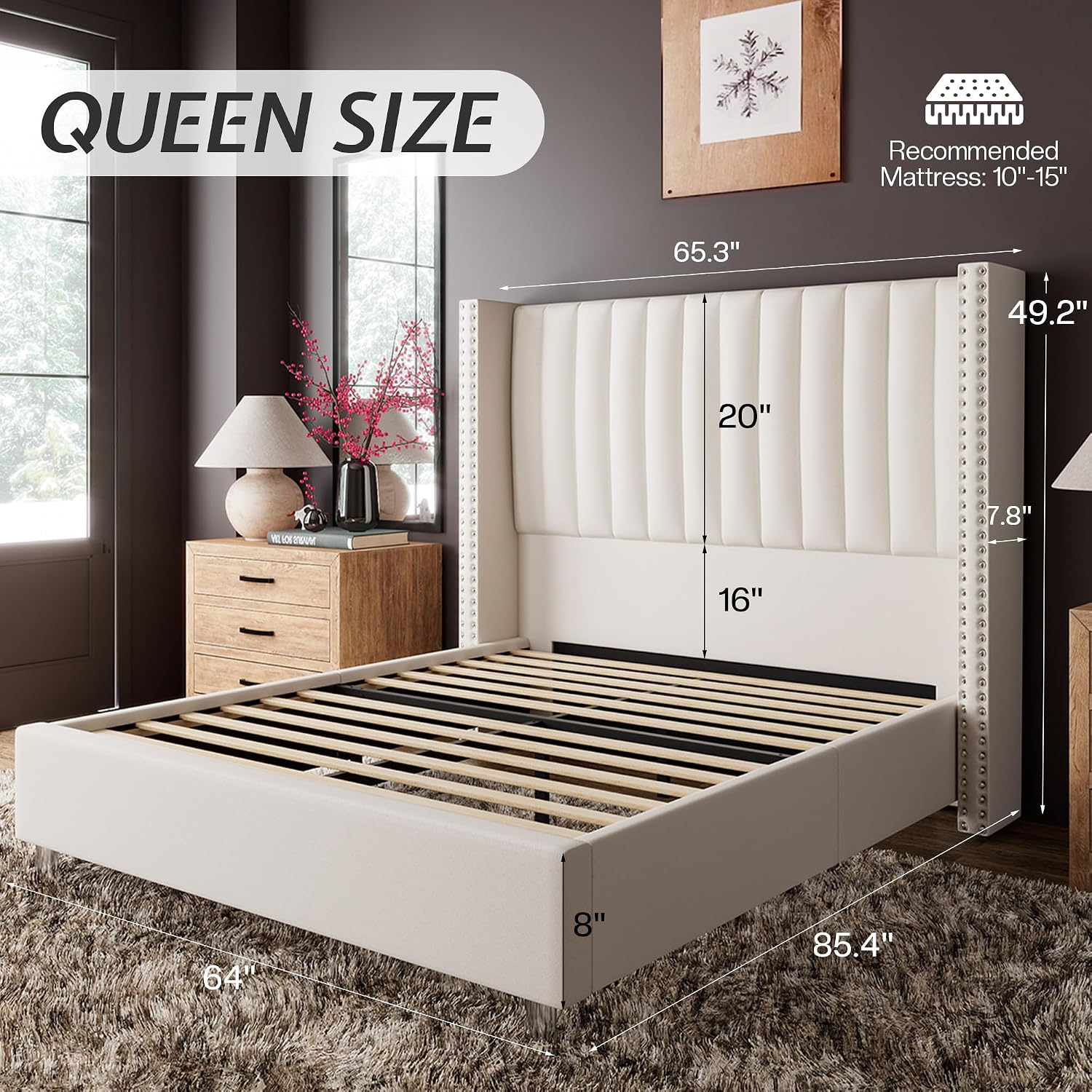 Jocisland Queen Size Upholstered Platform Bed Frame with Tall Wingback Headboard, Velvet Modern Luxury Design, No Box Spring Needed, Easy Assembly, Cream