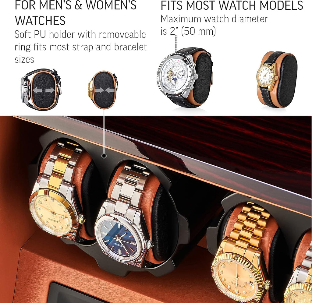 4 Watch Winder with 5 Watch Storage Space, LCD Display, Touch Control and Interior Light