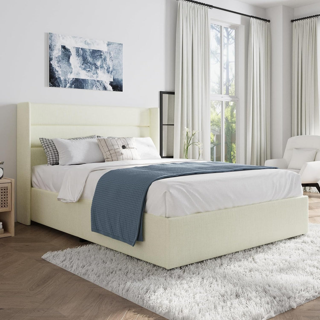 SHA CERLIN Queen Size Lift Up Storage Bed/Chenille Fabric Upholstered/Modern Wingback Headboard/Platform Bed Frame/Hydraulic Storage/No Box Spring Needed/Wood Slats Support/Cream
