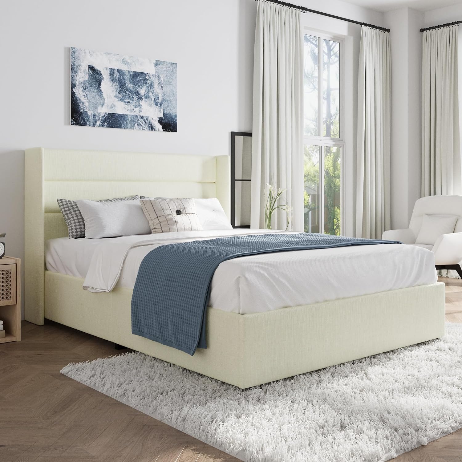 SHA CERLIN Queen Size Lift Up Storage Bed/Chenille Fabric Upholstered/Modern Wingback Headboard/Platform Bed Frame/Hydraulic Storage/No Box Spring Needed/Wood Slats Support/Cream