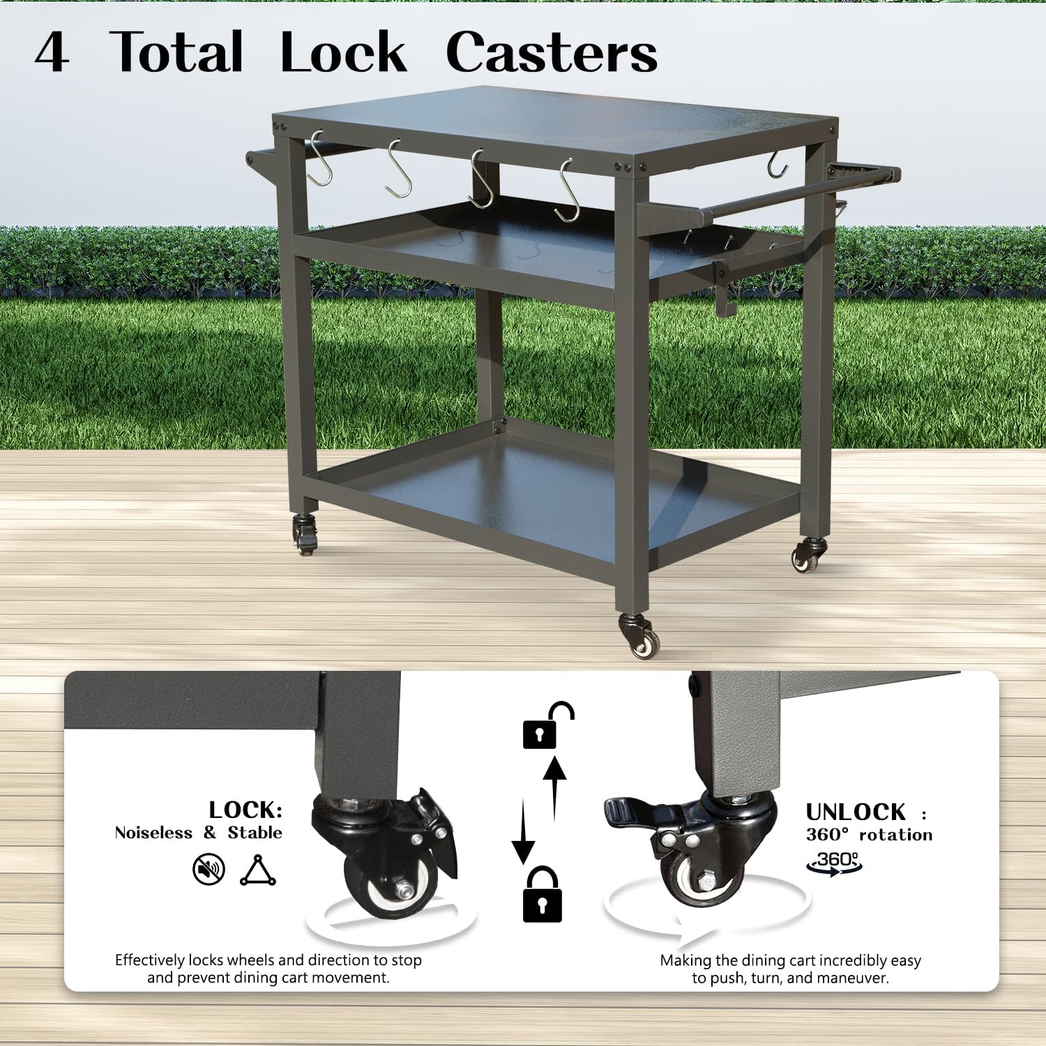 Domi 3-Tier Outdoor BBQ Grill Cart with Lockable Wheels | Portable Pizza Oven Stand & Food Prep Station | Compatible with Blackstone Griddle & Propane Tanks | All-Weather Patio Cooking cente