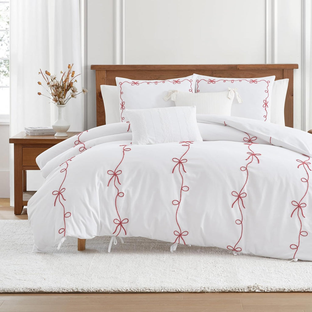 Peri Home Red Bows Bedding 100% Cotton 3-Piece Comforter Set, Full/Queen