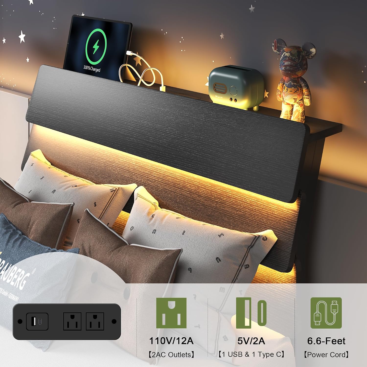Feonase Twin Floating Bed Frame with Led Lights and Charging Station, Wood Twin Size Bed Frame with Storage Headboard, Heavy Duty Metal Slats, No Box Spring Needed, Easy Assembly, Black