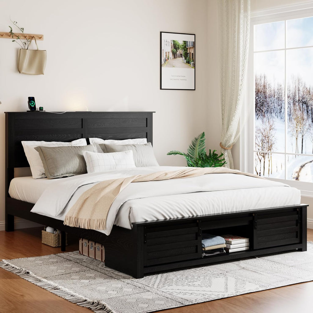 Wooden Full Size Bed Frame with Headboard, Classic Black Farmhouse Storage Bedframe with Sliding Barn Door Footboard and Charging Station, Wood Slats, No Box Spring Needed