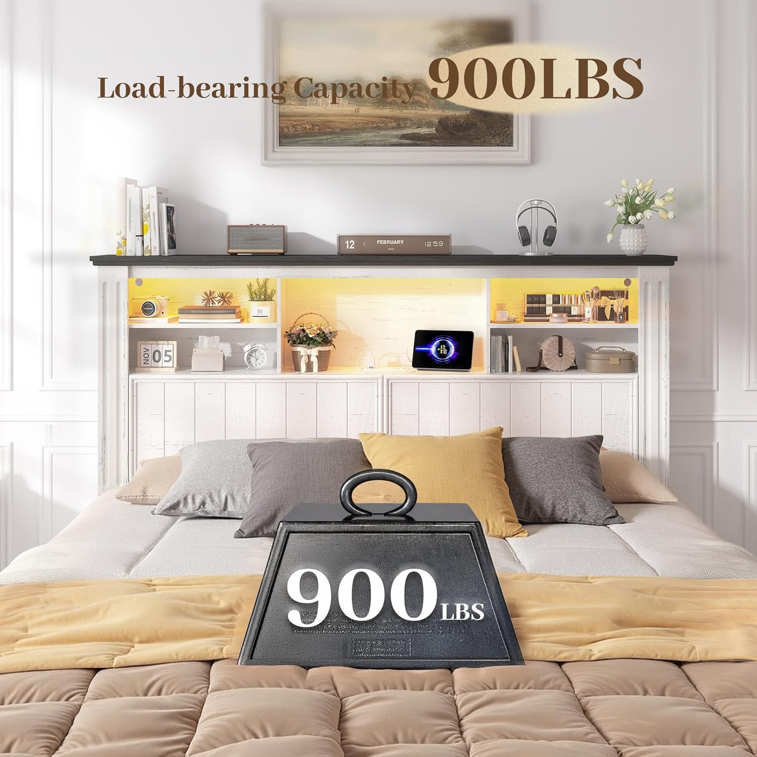 EnHomee Full Size Bed Frame with Storage, Full Bed Frame with 4 Drawers Charging Port & LED,Bed Frame with Headboard Built in Charging Station,No Box Spring Needed,NO Noise,White with Grain Marks