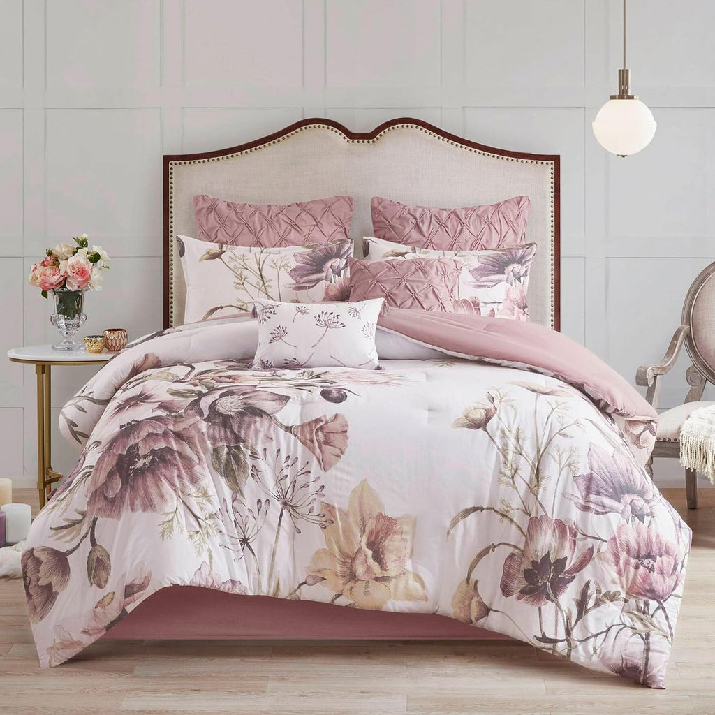 Madison Park Floral Queen Comforter Set, Cotton Rich Bedding Set Feminine Design Shabby Chic Queen Size Comforter Sets, All Season Bed Cover with Shams, Bed Skirt, Décor Pillow, Blush 8 Piece