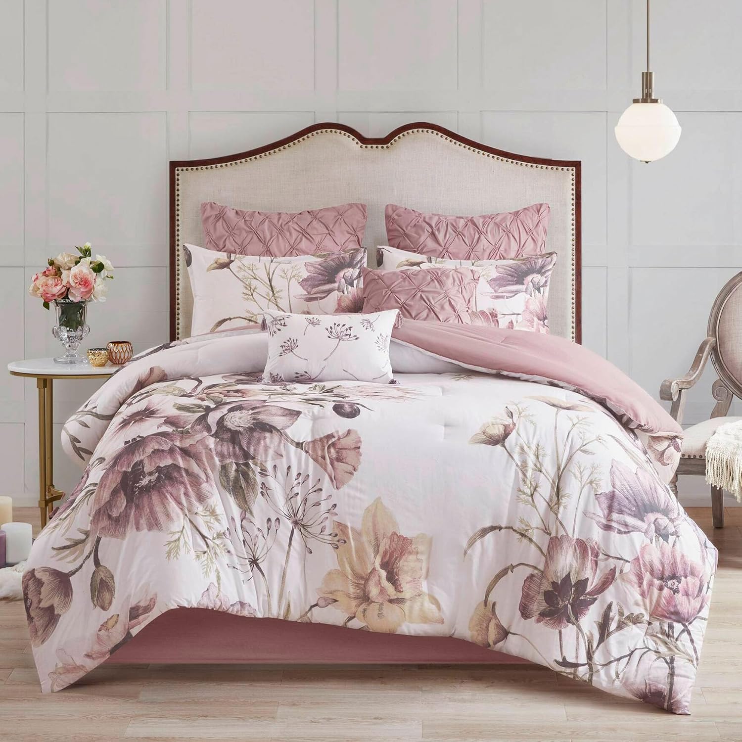 Madison Park Floral King Comforter Set, Cotton Rich Bedding Set Feminine Design Shabby Chic King Size Comforter Sets, All Season Bed Cover with Shams, Bed Skirt, Décor Pillow, Blush 8 Piece