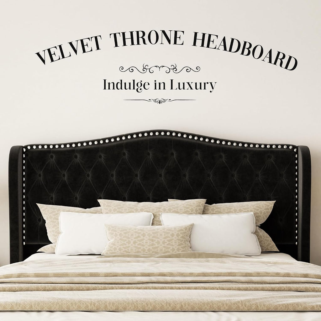Queen Size Bed Frame with Tall Headboard Upholstered Bed Frame King Platform Bed Luxury Wingback Headback No Box Spring Needed, Mattress Foundation, Easy Assembly-Black