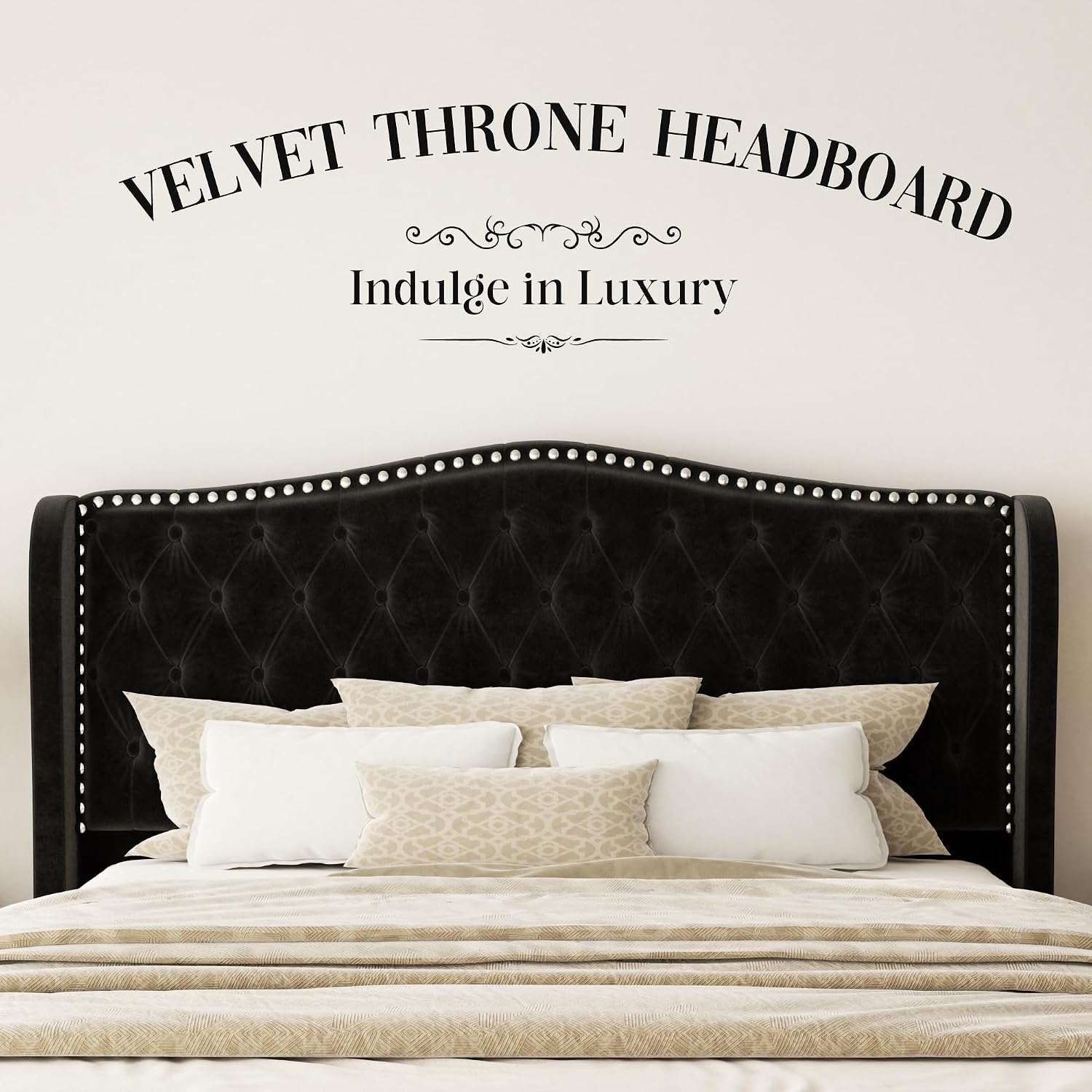 Queen Size Bed Frame with Tall Headboard Upholstered Bed Frame King Platform Bed Luxury Wingback Headback No Box Spring Needed, Mattress Foundation, Easy Assembly-Black