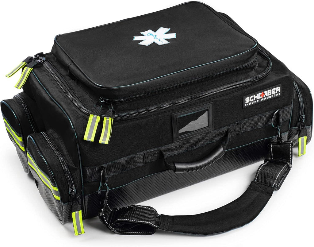 Scherber Fully Stocked First Responder Ultimate Professional EMT/EMS Trauma Kit | HSA/FSA Approved | w/10+ Compartments, Zippered Pockets, Dividers, Oxygen Access & 260+ First Aid Supplies (Black)