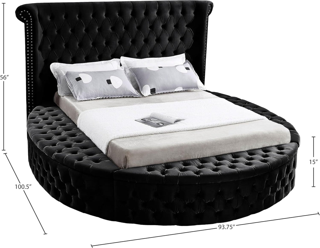 Meridian Furniture Luxus Collection Modern | Contemporary Round Shaped Velvet Upholstered Bed with Deep Button Tufting and Footboard Storage, Queen, Black