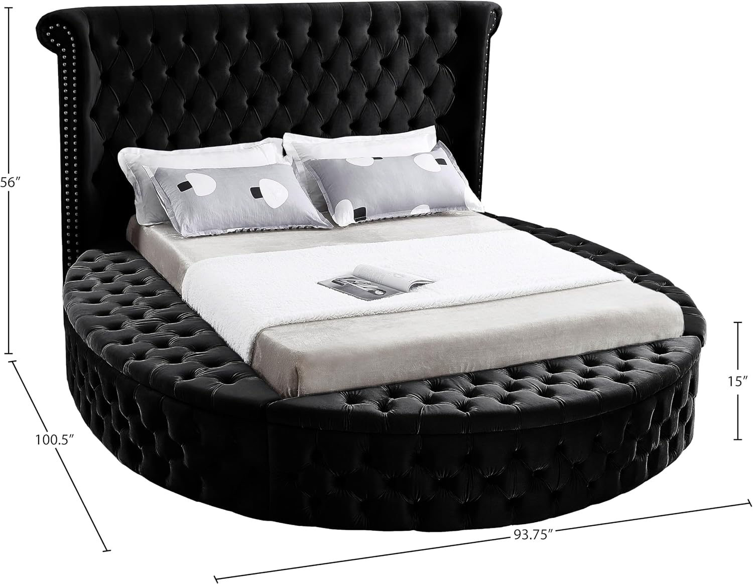 Meridian Furniture Luxus Collection Modern | Contemporary Round Shaped Velvet Upholstered Bed with Deep Button Tufting and Footboard Storage, Queen, Black