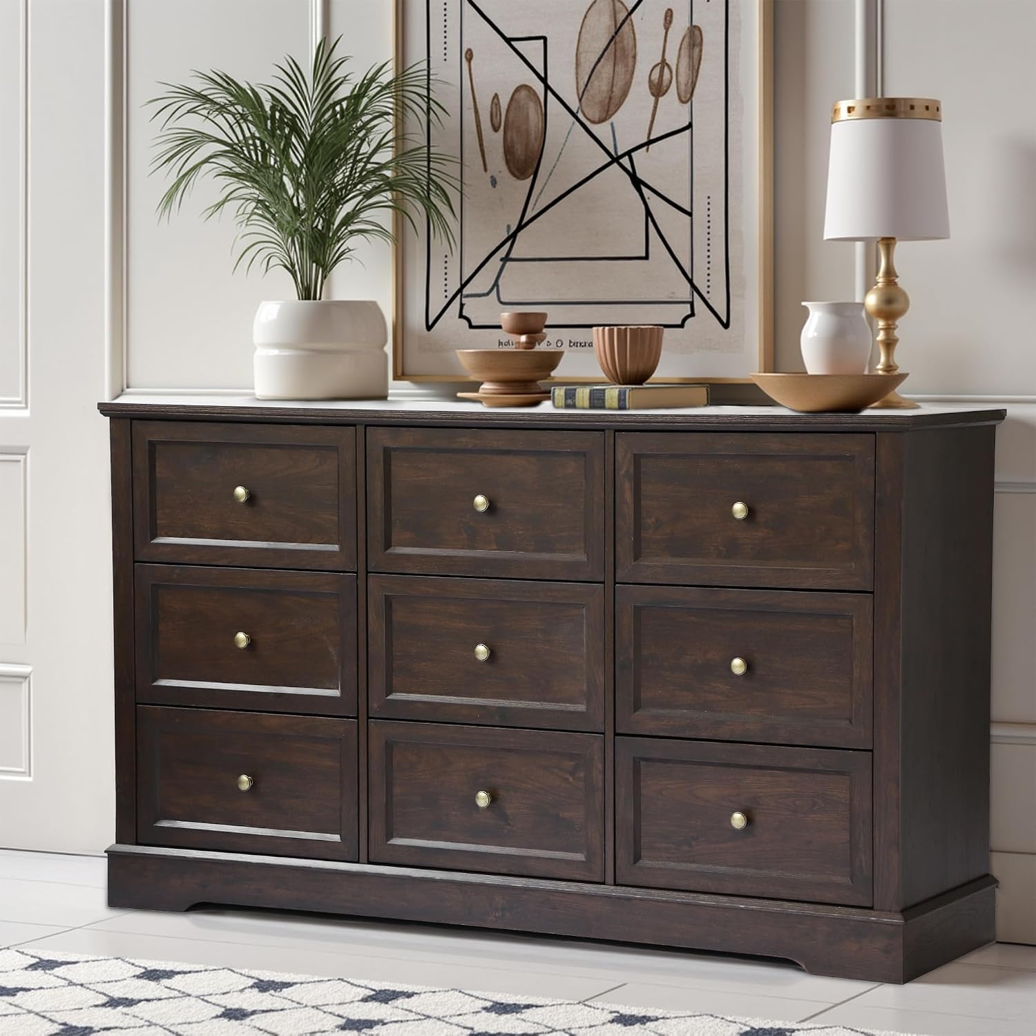 LOUVIXA Bedroom Sets, Include 9 Drawer Dresser, and Nightstand Set of 2 with Charging Station (Brown Sets, 3 Pieces)