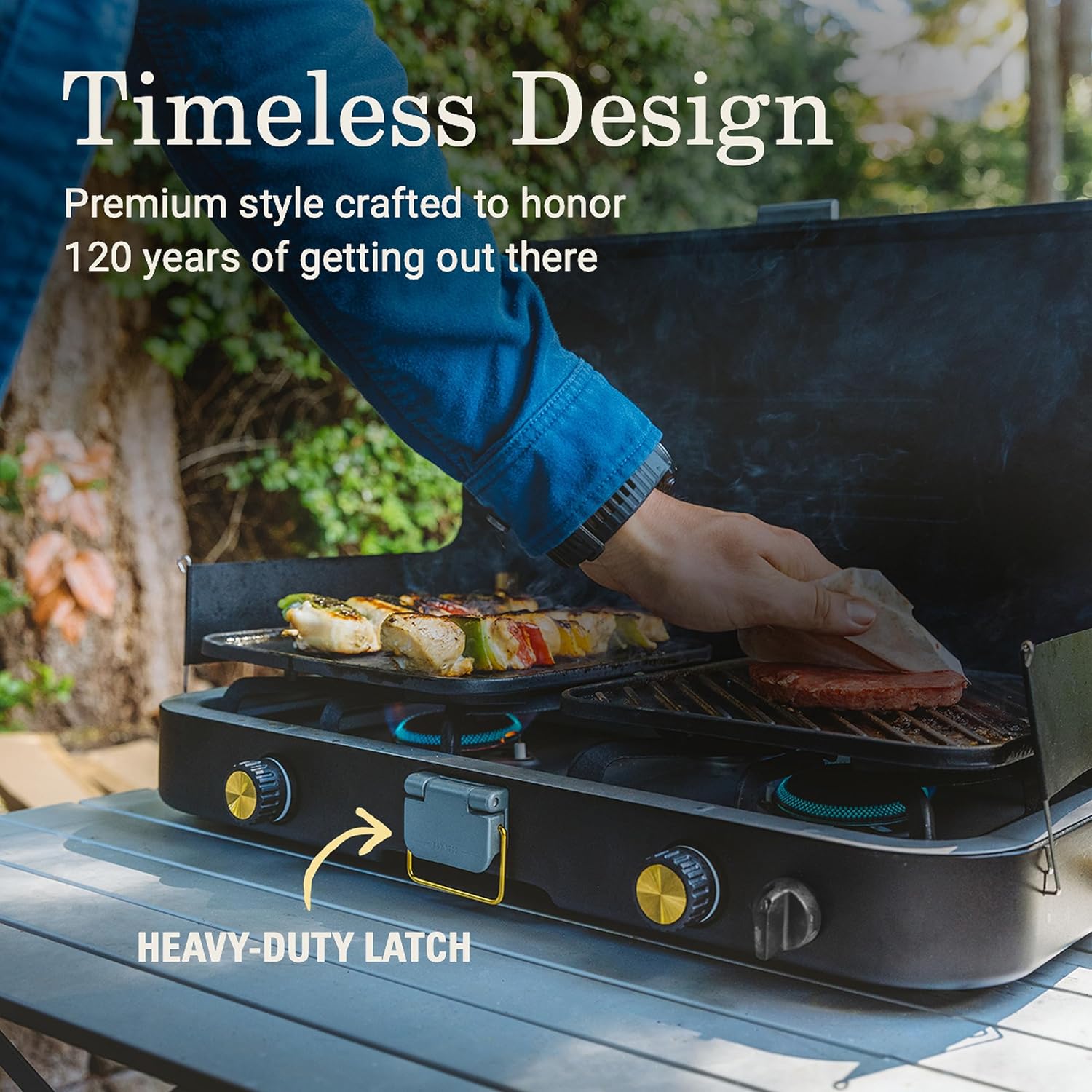 Coleman 1900 Collection 3-in-1 Propane Camping Stove, Cast Iron Grill & Griddle Accessories Included, 24,000 BTUs Across 2 Adjustable Burners with Wind Guards & Matchless Lighting
