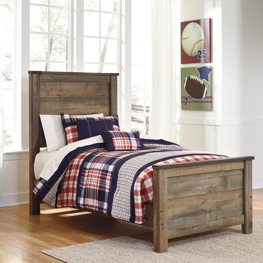 Signature Design by Ashley Trinell Casual Twin Panel Bed with Metal Slats and Nailheads, Foundation or Box Spring Needed, Dark Brown