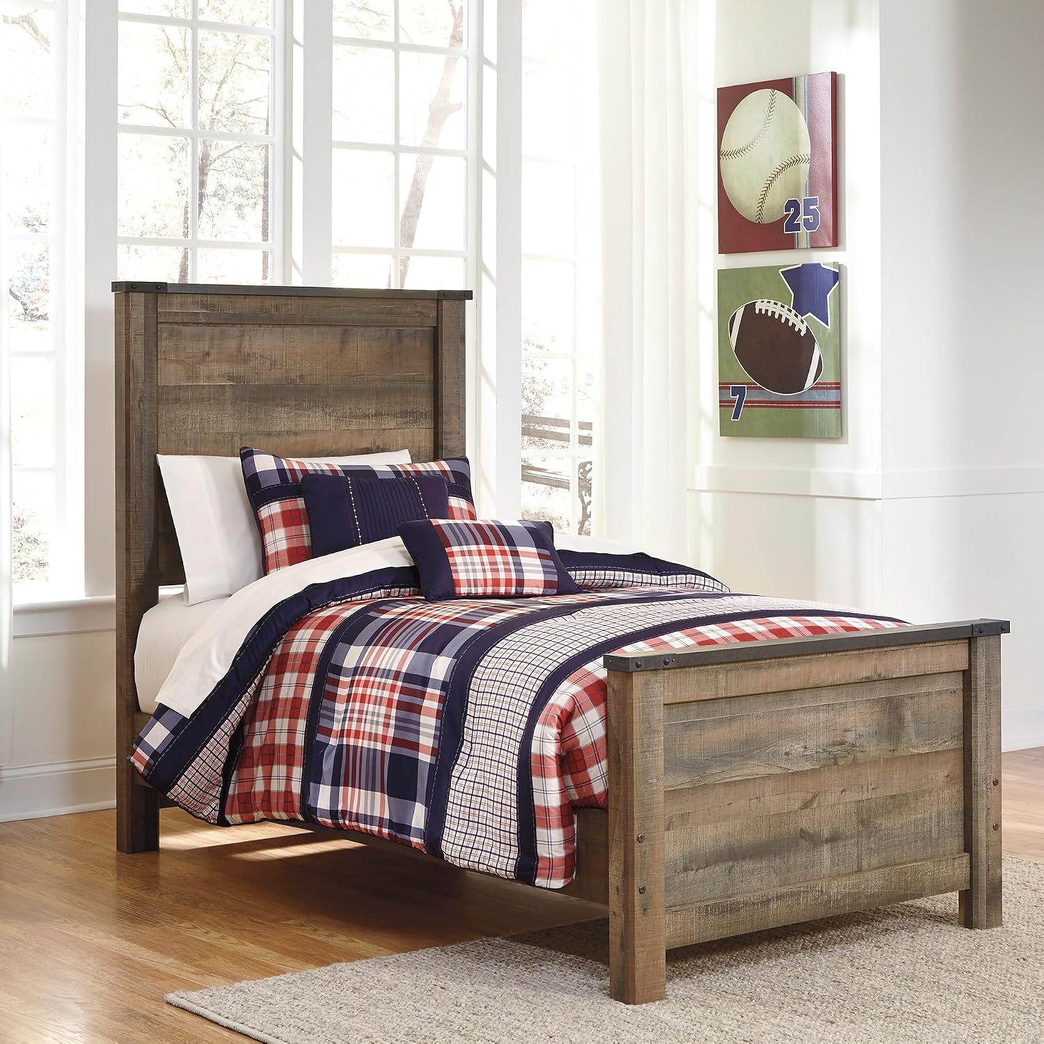Signature Design by Ashley Trinell Casual Twin Panel Bed with Metal Slats and Nailheads, Foundation or Box Spring Needed, Dark Brown