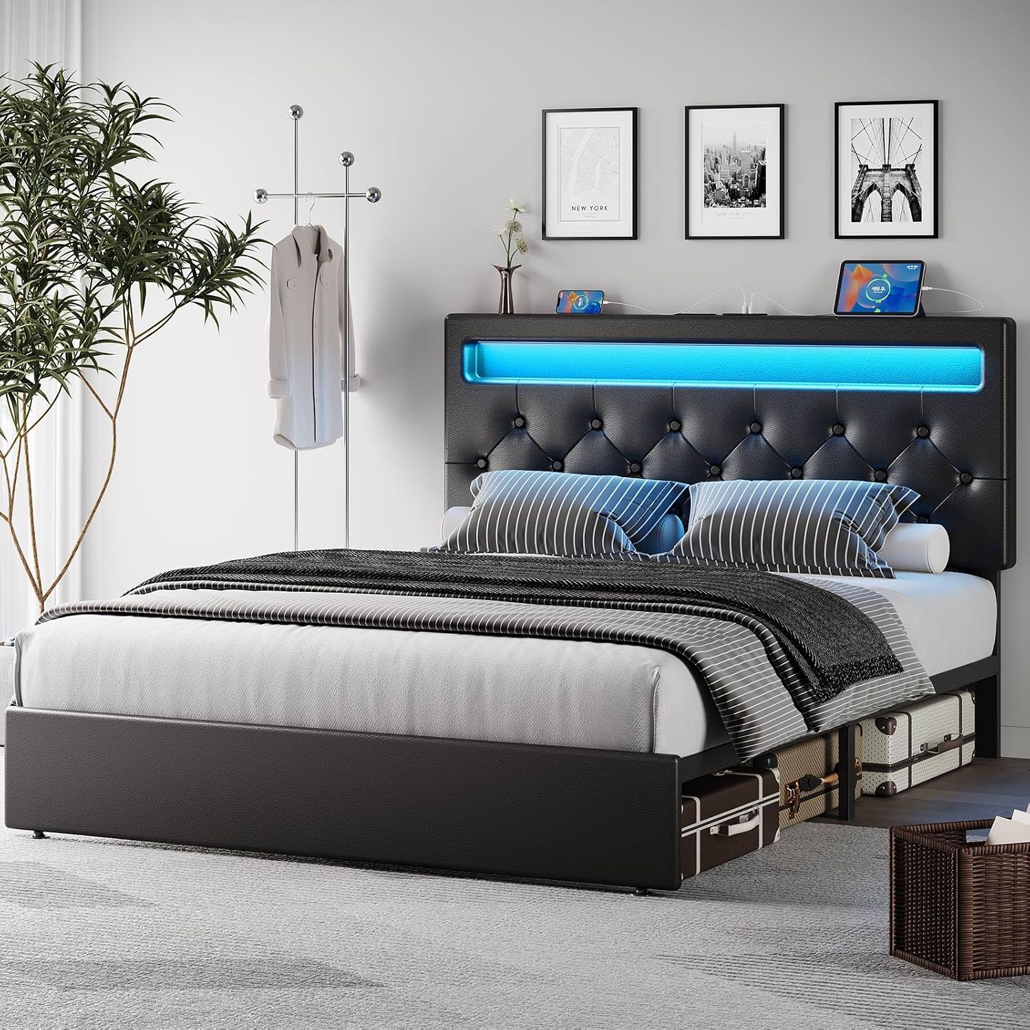 Rolanstar Full Size Bed Frame with Charging Station, LED Bed with Under Bed Storage, Adjustable Headboard 38.9/40.8 Inches, No Box Spring Needed, Noise Free, Easy Assembly, Black