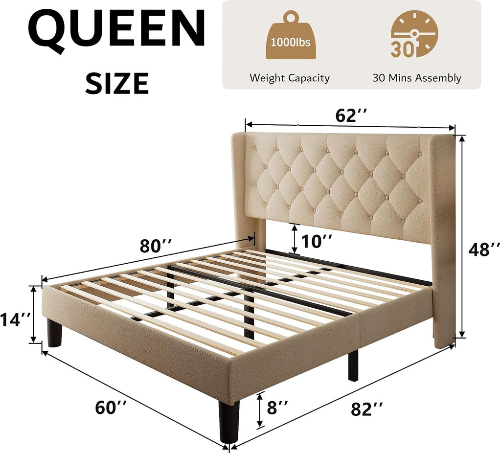 iPormis Queen Platform Bed Frame with Button Tufted Headboard, Upholstered Bed Frame with Solid Wooden Slats, 8' Under-Bed Space, No Box Spring Needed, Easy Assembly, Noise Free, Beige