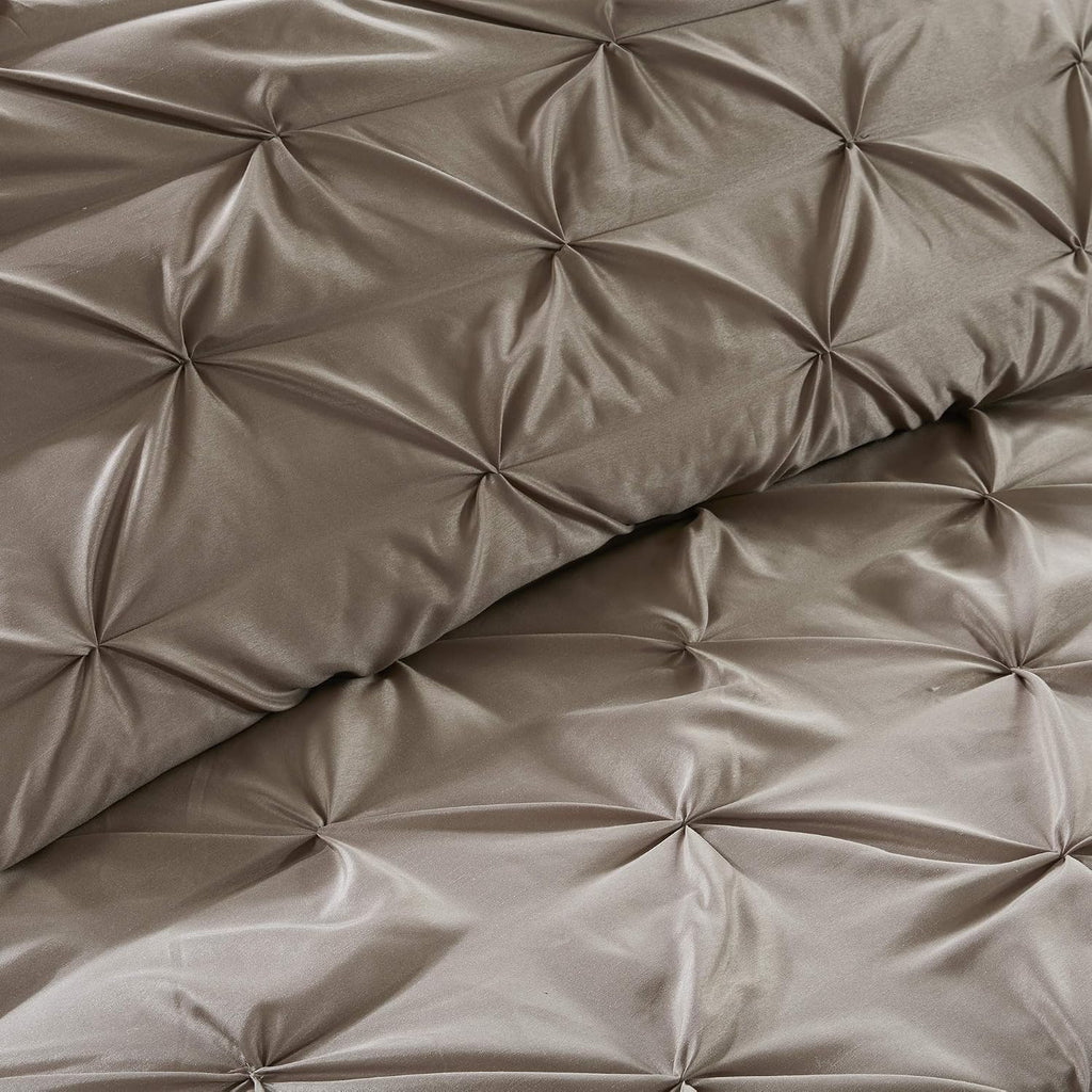 Madison Park Essentials Room in a Bag Faux Silk Comforter Set - Luxe Diamond Tufting All Season Bedding, Matching Curtains, Decorative Pillows, Taupe Cal King(104'x92') 24 Piece