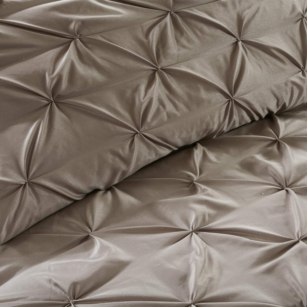 Madison Park Essentials Room in a Bag Faux Silk Comforter Set - Luxe Diamond Tufting All Season Bedding, Matching Curtains, Decorative Pillows, Taupe Queen(90'x90') 24 Piece