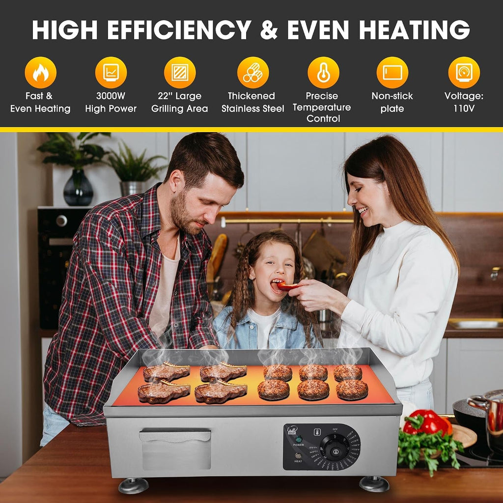 Yescom WeChef 3000W 22'' Electric Griddle Countertop Commercial Flat Top Hot Plate Restaurant BBQ Grill, 26ECG003-22IN-11-1