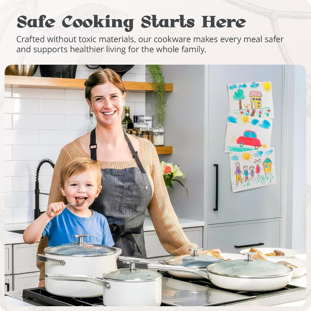 Premium Non-Toxic Ceramic Cookware Set – Triple-Layer Nonstick 12 Piece Pots and Pans with Lids, PFAS-Free, Oven Safe for Healthy Meals, Space-Saving Design, Birch White Color | Greater Goods