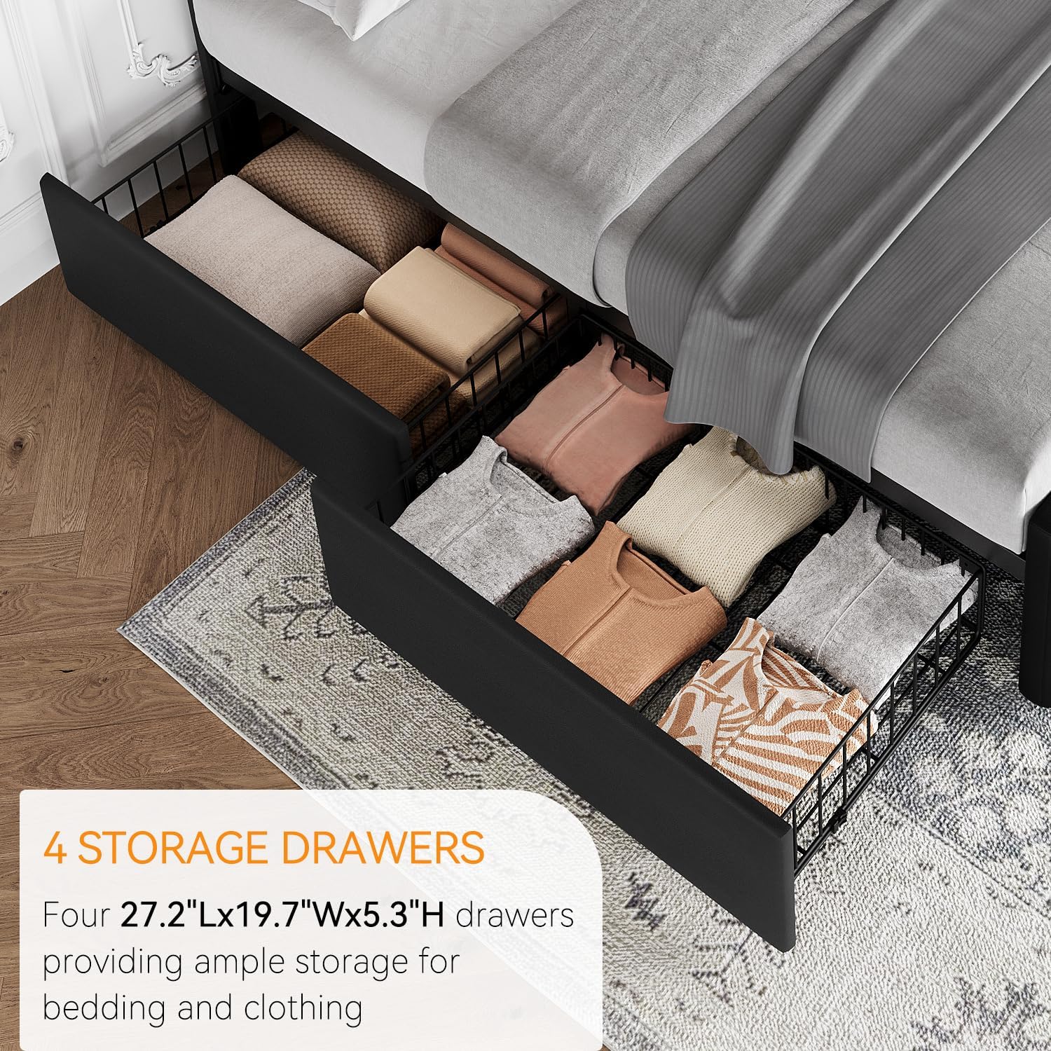 IDEALHOUSE King Size Bed Frame with 4 Storage Drawers and Headboard, Faux Leather Upholstered Platform Bed Frame with Wooden Slats Support, Button Tufted Design, No Box Spring Needed, Black