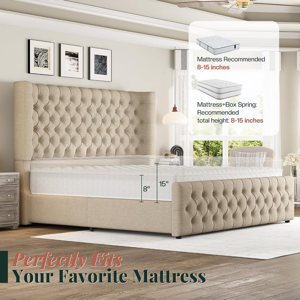 Jocisland King Size Platform Bed Frame, 6.3' Thick Upholstered Curved Wingback Headboard and Footboard with Deep Button Tufted, Easy Assembly, No Box Spring Needed, Khaki Linen