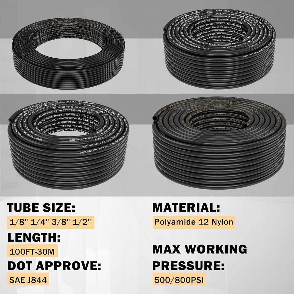 CheeMuii 156 PCS Brass DOT Air Line Fittings with 4 Roll 100FT 1/8' 1/4' 3/8' 1/2' DOT Air Lines Kit Push Lock Air Fitting Quick Connect Air Fittings with Air Hose Pneumatic Tubing