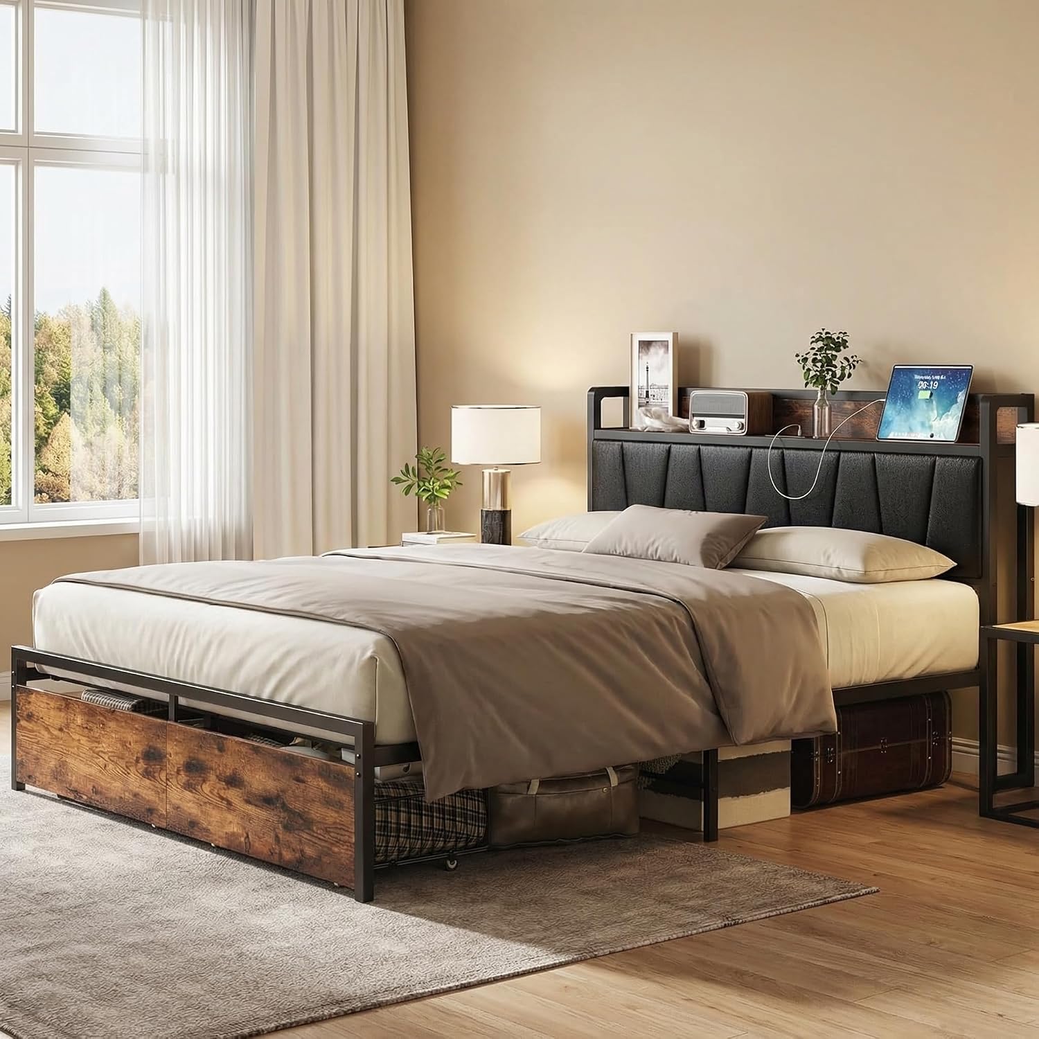 LIKIMIO Full Size Bed Frame, Storage Headboard with Charging Station, Platform Bed with Drawers, No Box Spring Needed, Easy Assembly, Industrial Brown and Black