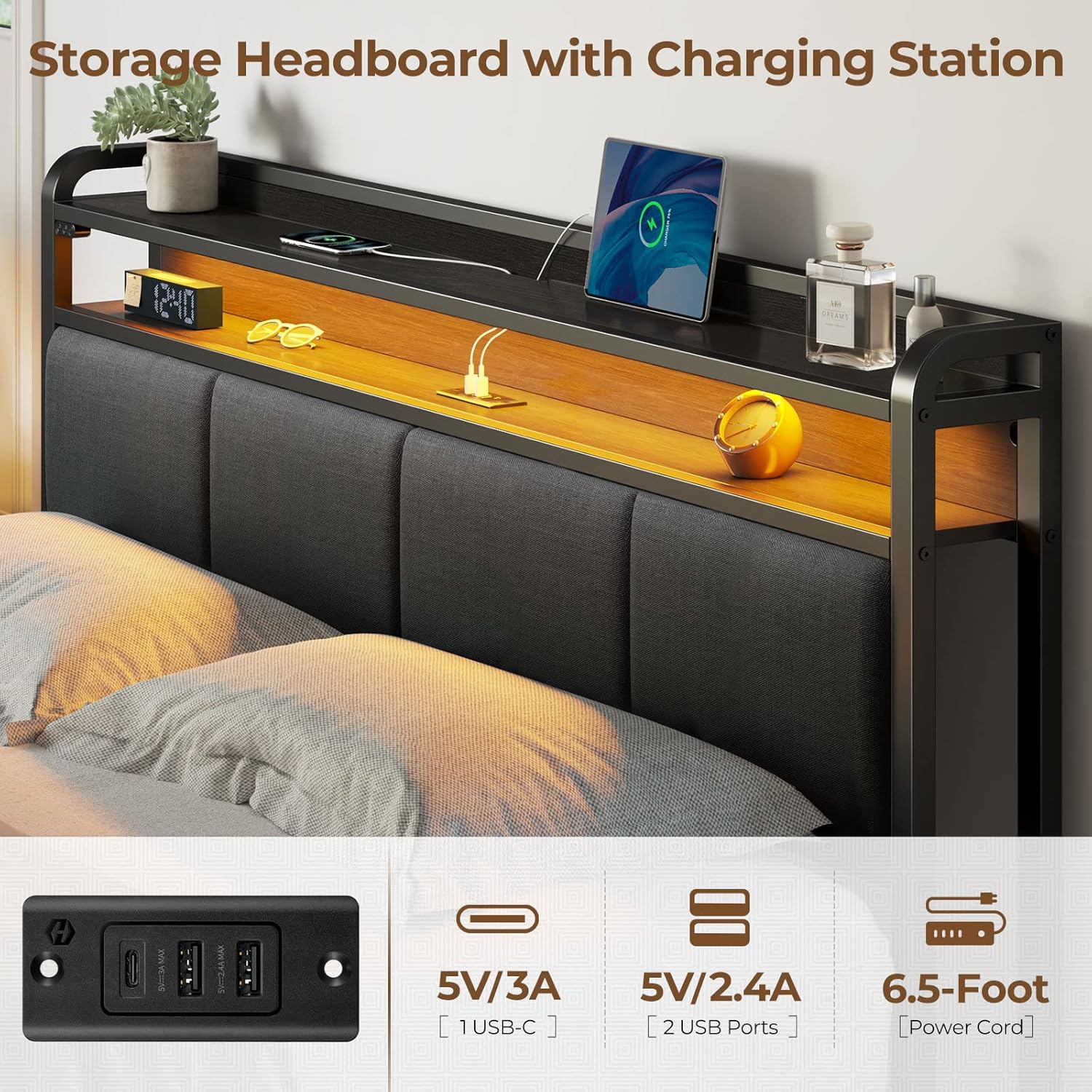 Rolanstar Bed Frame Full Size with Charging Station and LED Lights, Upholstered Headboard with Storage Shelves, Heavy Duty Metal Slats, No Box Spring Need, Noise Free, Easy Assembly, Dark Grey