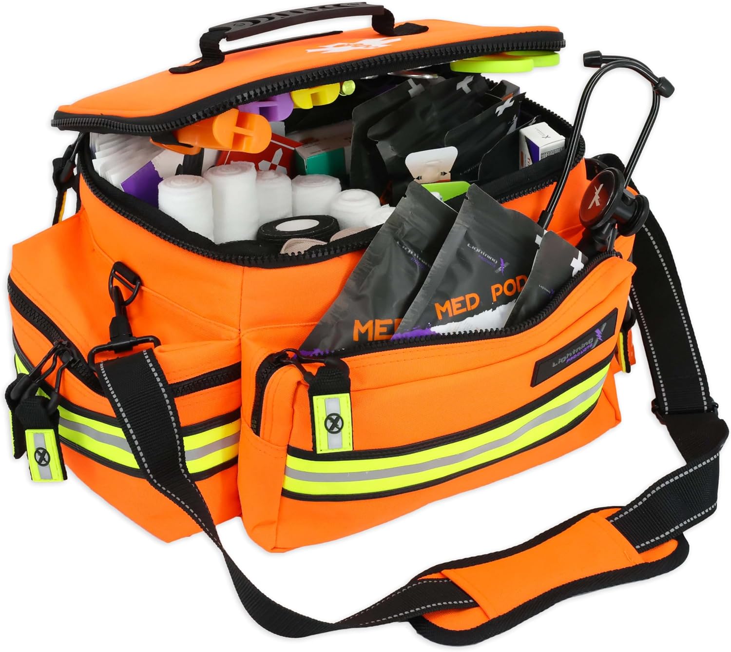 Lightning X Mid-Sized First Responder EMT Bag | LXMB25 | Fully Stocked w/ 248+ First Aid Supplies + Trauma Pak w/C.A.T. Tourniquet & QuikClot - Orange