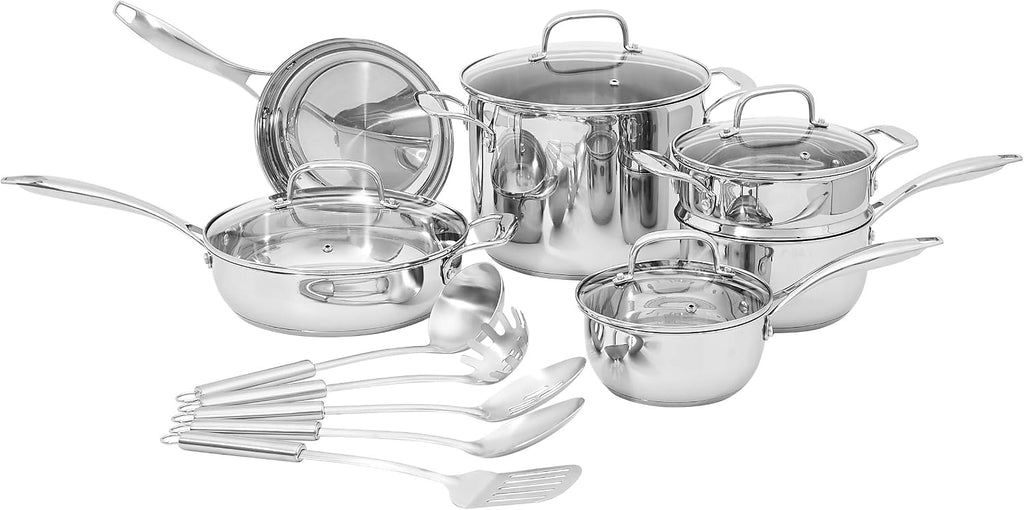 Amazon Basics Stainless Steel Cookware 15-Piece Set, Oven Safe, Induction-Ready, Even Heating, Easy to Clean, Stay-Cool Handles, Pots and Pans, Silver