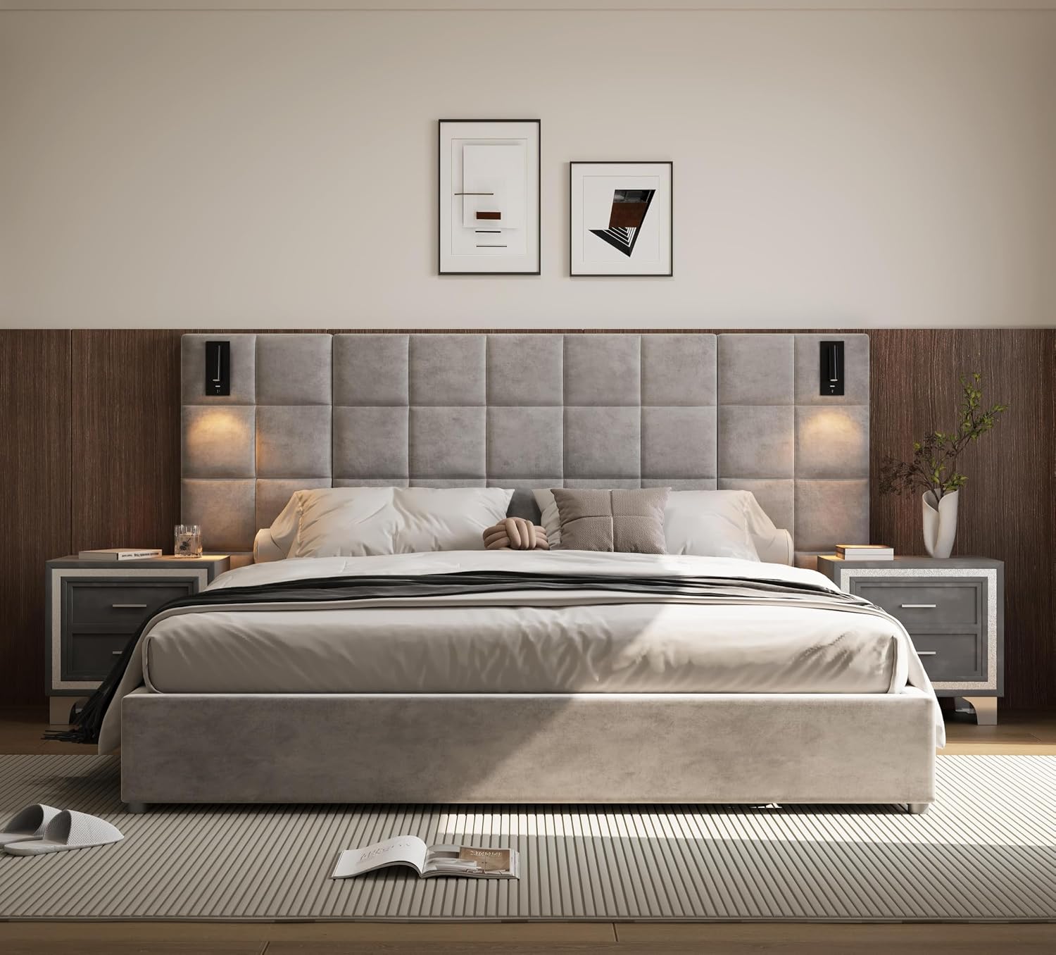 California King Platform Bed Frame, Elegant Velvet Upholstered Bed with Grid Pattern Padded Headboard, 2 LED Wall Sconces & USB Ports, No Box Spring Needed, Easy Assembly, Pearl Grey