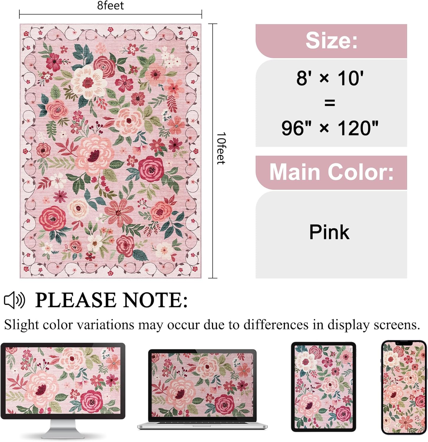 DUKINO 8x10 Area Rug, Floral Rugs for Living Room, Lightweight Non Slip Washable Rug, Indoor Low Pile & Non-Shedding Boho Design Rugs for Bedroom, Living Room, Dining Room, Pink