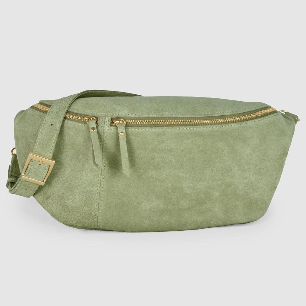 Italian Genuine Suede Crossbody Bag for Women with Zipper & Detachable Strap | Large Travel Chest Sling Fanny Pack (Moss)