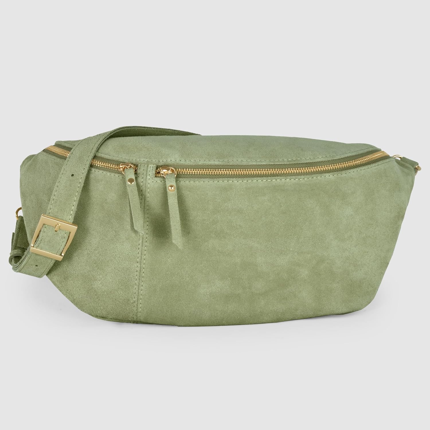 Italian Genuine Suede Crossbody Bag for Women with Zipper & Detachable Strap | Large Travel Chest Sling Fanny Pack (Moss)