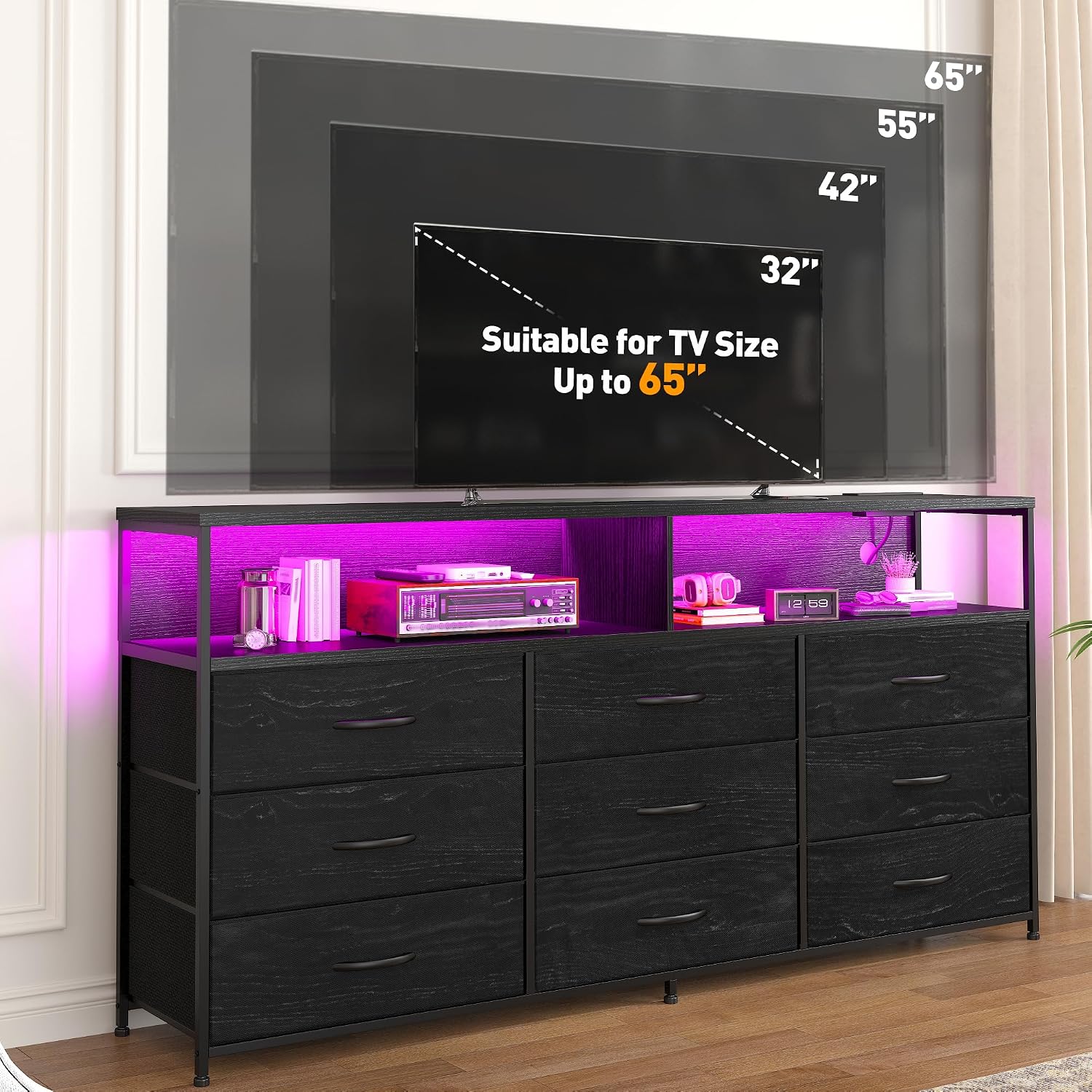 55'W Dresser for Bedroom with Charging Station & LED Light, 65/55/50 Inch TV Stand with 9 Fabric Drawers, Sturdy Dressers & Chest of Drawers with 2 Wood Open Shelves,Metal Frame,Black Oak Wood Look