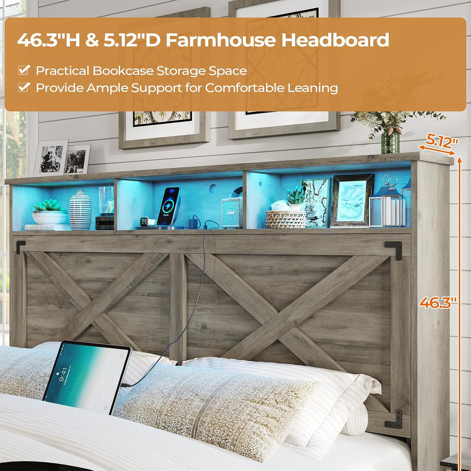 DICTAC Farmhouse Queen Bed Frame with Storage Headboard and Charging Station Wood Platform Bed Frame Queen Size with Storage Ottoman and Led Lights,Metal Slats Support,No Box Spring Required,Oak Gray