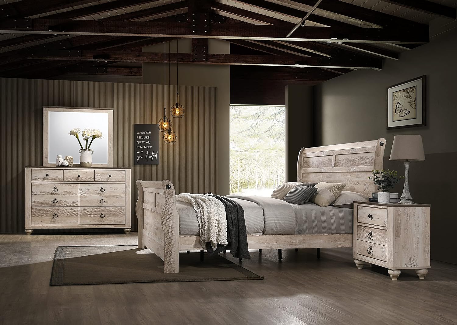 Roundhill Furniture Imerland Contemporary White-wash Finished 4-Piece Sleigh Headboard Bedroom Set, Queen