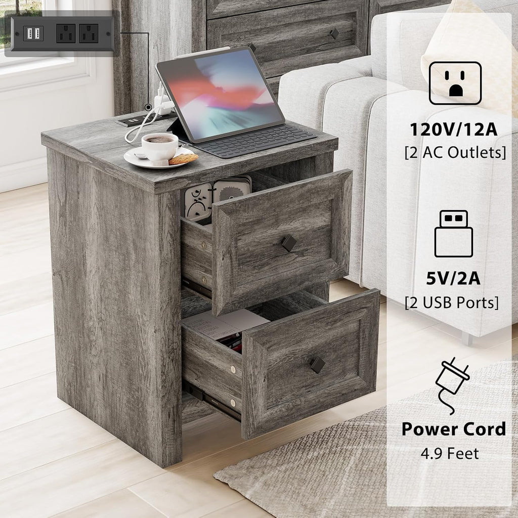 LUXOAK 4 Pieces Farmhouse Bedroom Furniture Set, 1 X 5 Drawer Dresser, 1 X Rustic 6 Drawer Storage Dresser, Nightstand Set of 2 with Charging Station, Farmhouse Bedroom Set, Grey