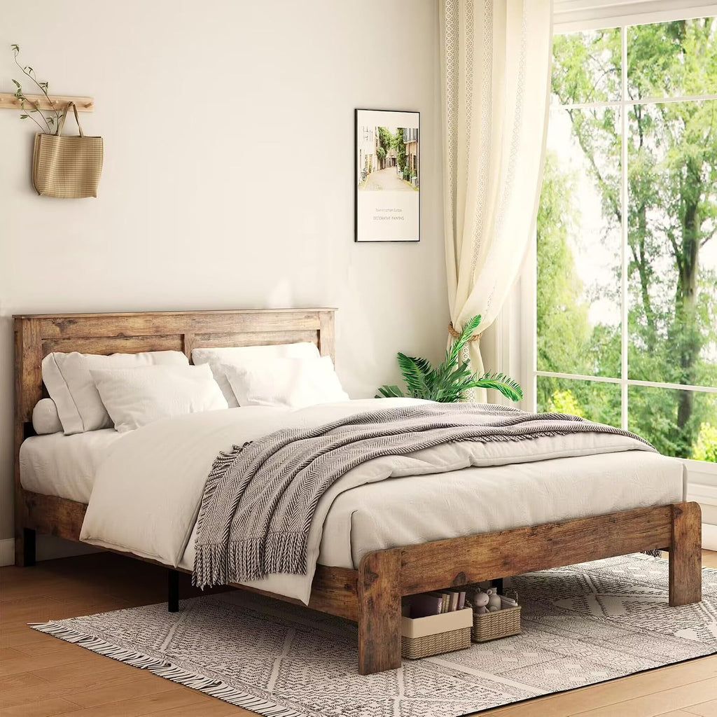 NNOOTK King Size Bed Frame, Rustic Vintage Platform Bed Frame with Wood Headboard and Footboard, 12 Wood Slats Support, No Box Spring Needed (Dark Brown, King)