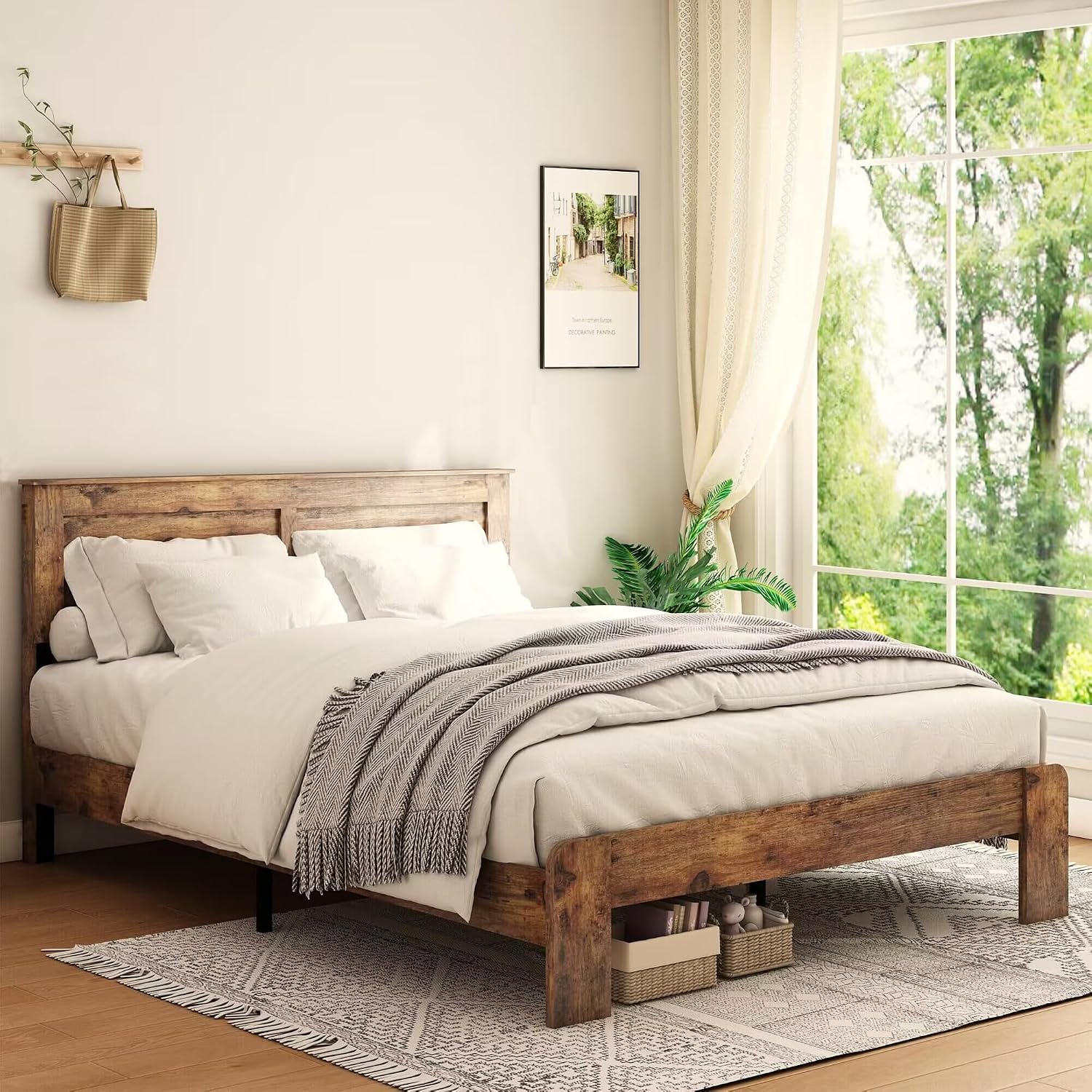 NNOOTK King Size Bed Frame, Rustic Vintage Platform Bed Frame with Wood Headboard and Footboard, 12 Wood Slats Support, No Box Spring Needed (Dark Brown, King)