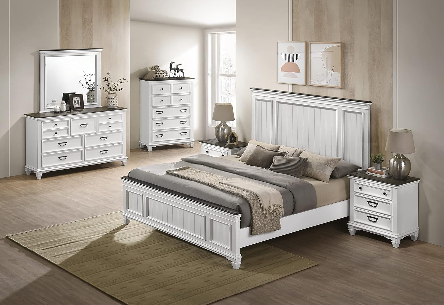 Clelane Wood Bedroom Set with Shiplap Panel Queen Bed, Dresser, Mirror, Two Nightstands, and Chest in Weathered White and Dark Gray