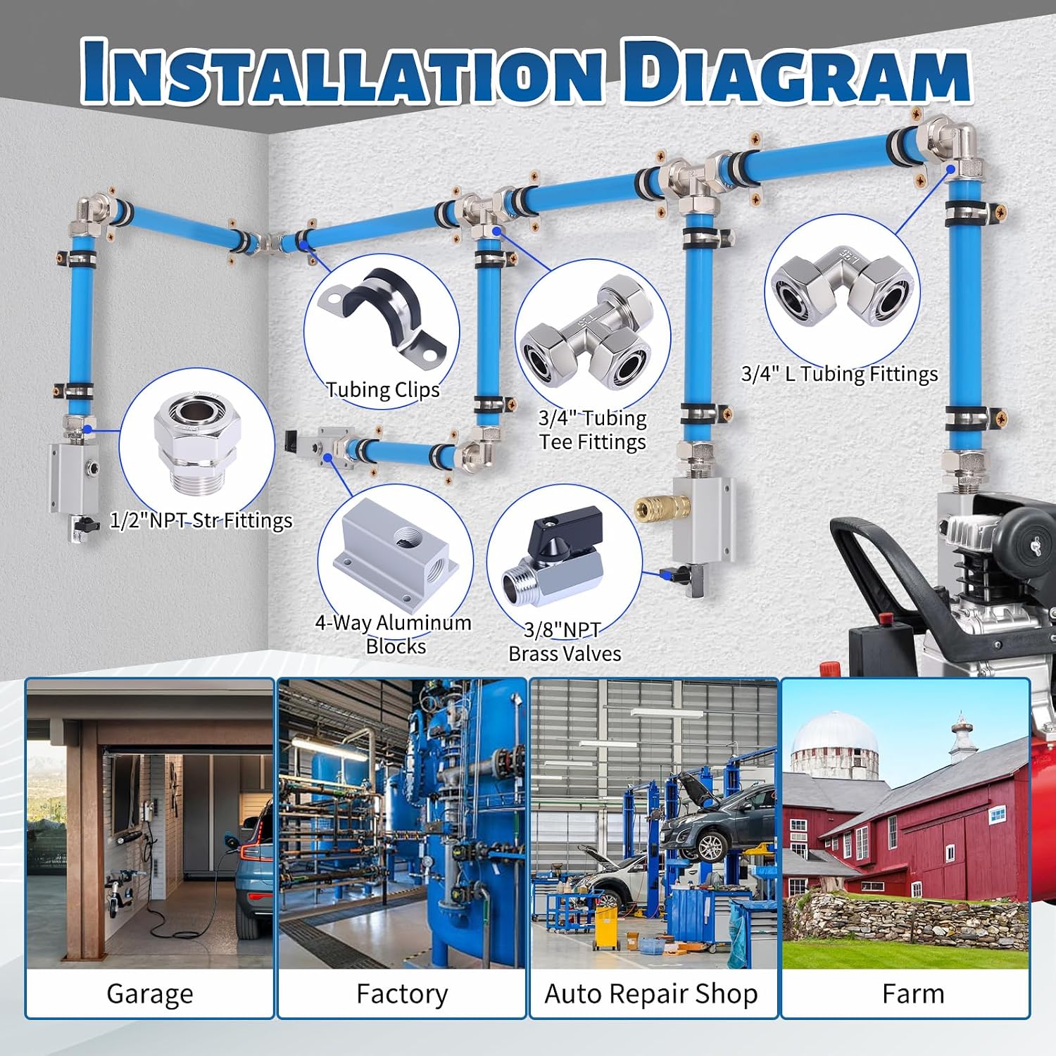 Shop Air Line Kit 3/4' 100FT Compressed Air Piping System HDPE-Aluminum-HDPE Air Tubing with 4-Way Aluminum Blocks Brass Valves Air Piping Fittings Kit Air Compressor Accessories for Garage